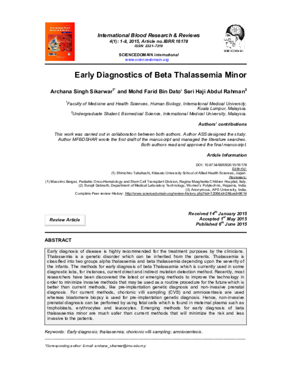 (PDF) Early Diagnostics of Beta Thalassemia Minor