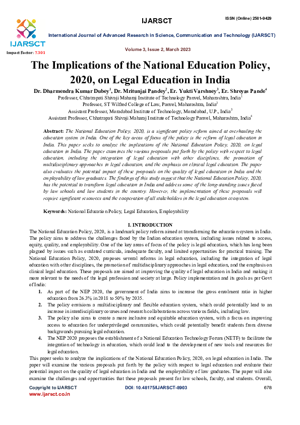 (PDF) The Implications of the National Education Policy, 2020, on Legal ...