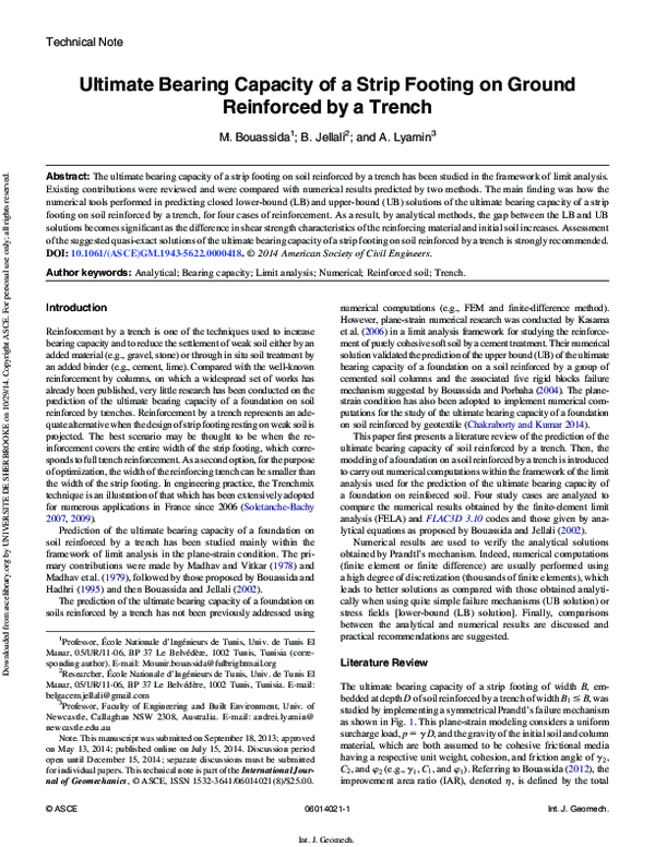 (PDF) Ultimate Bearing Capacity of a Strip Footing on Ground Reinforced ...