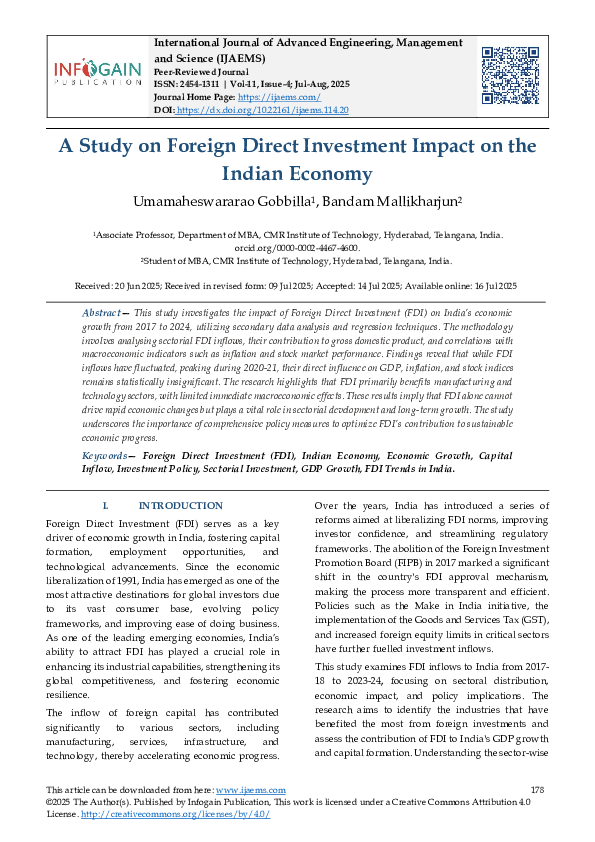 (PDF) A Study on Foreign Direct Investment Impact on the Indian Economy