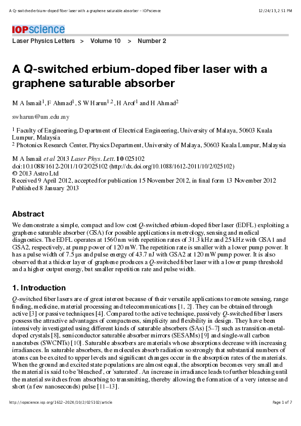 (PDF) A Q -switched erbium-doped fiber laser with a graphene saturable ...