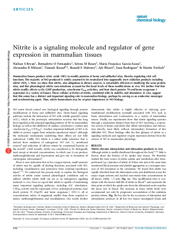 (PDF) Nitrite is a signaling molecule and regulator of gene expression ...