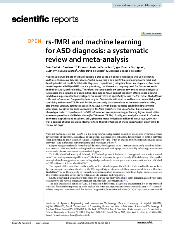 (PDF) rs-fMRI and machine learning for ASD diagnosis: a systematic ...