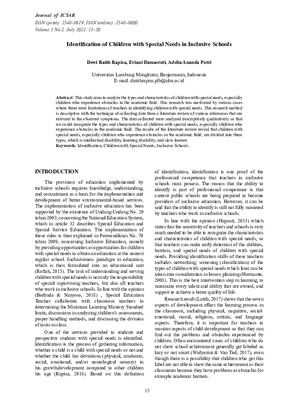 (PDF) Identification of Children with Special Needs in Inclusive Schools