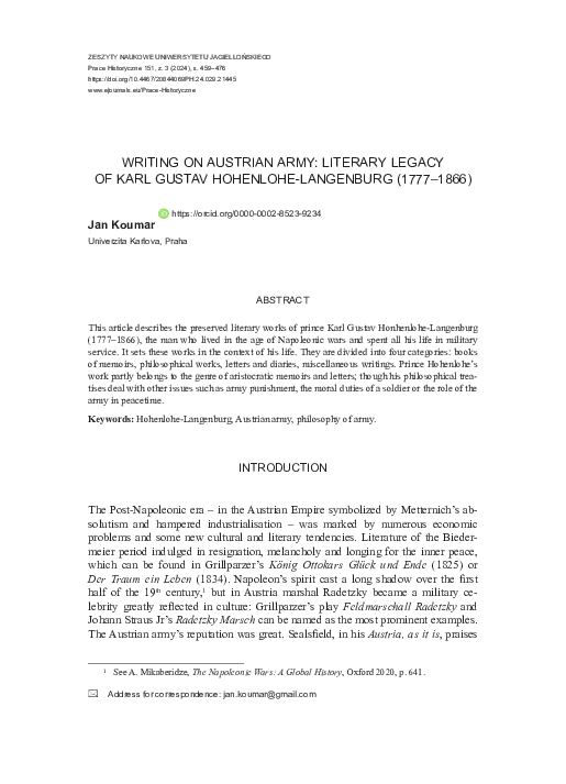 (PDF) Writing on Austrian Army: Literary Legacy of Karl Gustav ...