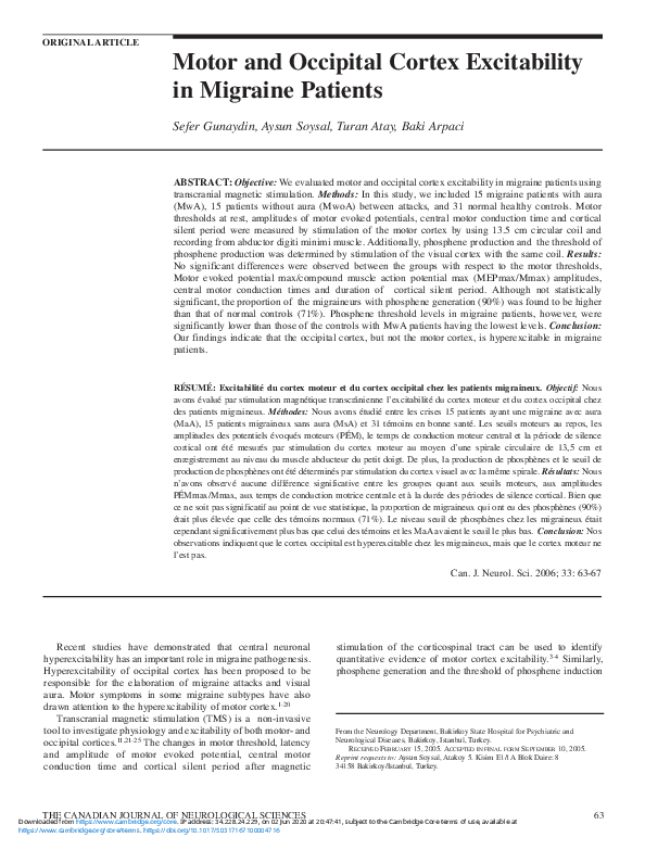 (PDF) Motor and Occipital Cortex Excitability in Migraine Patients