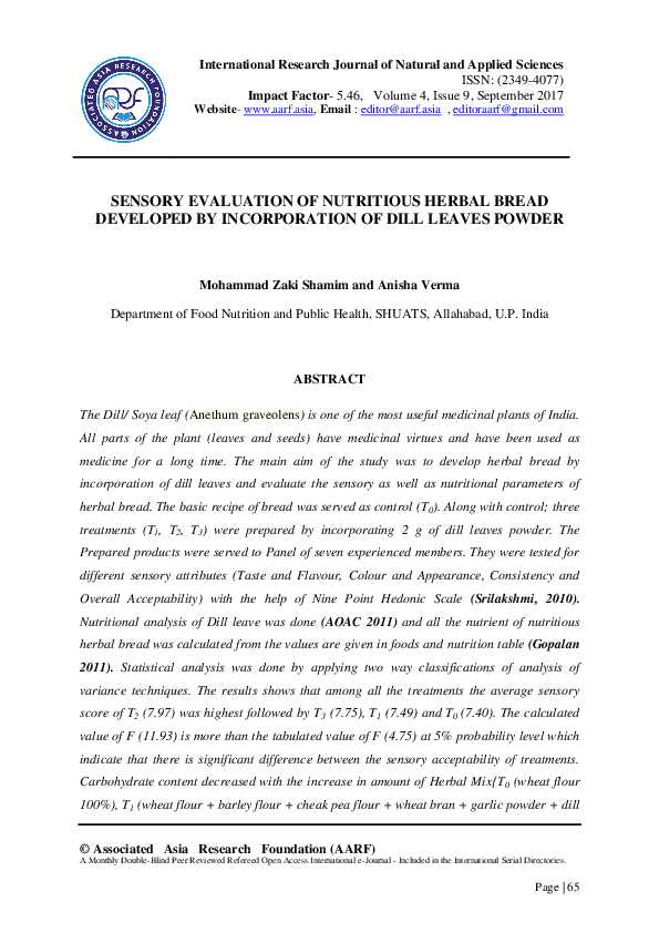 (PDF) Sensory Evaluation of Nutritious Herbal Bread Developed by ...