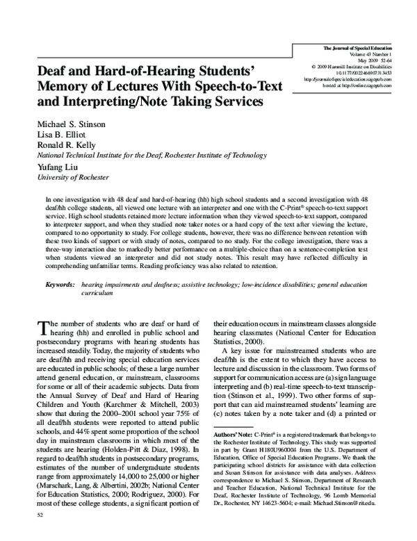 (PDF) Deaf and Hard-of-Hearing Students' Memory of Lectures with Speech ...