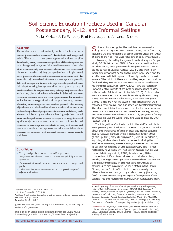 (PDF) Soil Science Education Practices Used in Canadian Postsecondary ...