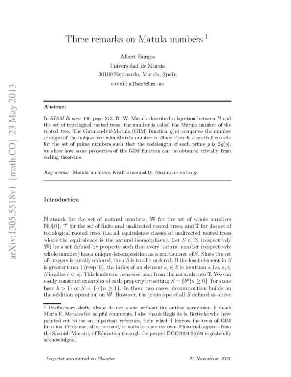 (PDF) Three remarks on Matula numbers 1