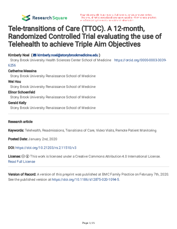 (PDF) Tele-transitions of Care (TTOC). A 12-month, Randomized ...