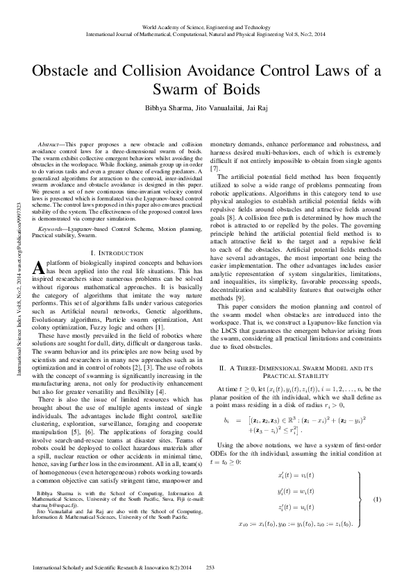 (PDF) Obstacle And Collision Avoidance Control Laws Of A Swarm Of Boids