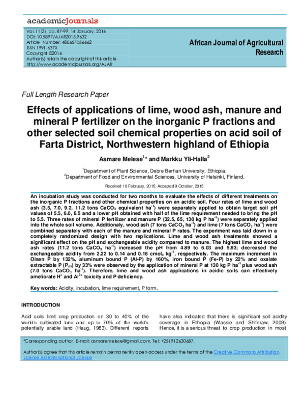 (PDF) Effects of applications of lime, wood ash, manure and mineral P ...