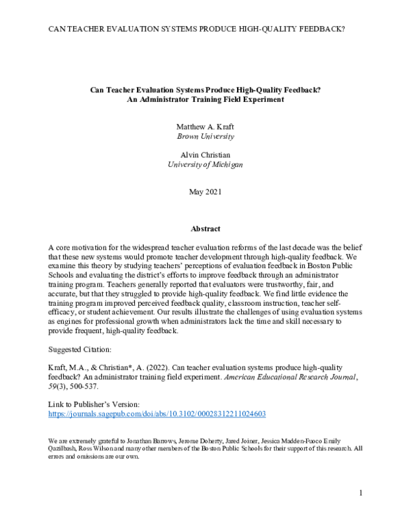 (PDF) Can Teacher Evaluation Systems Produce High-Quality Feedback? An ...