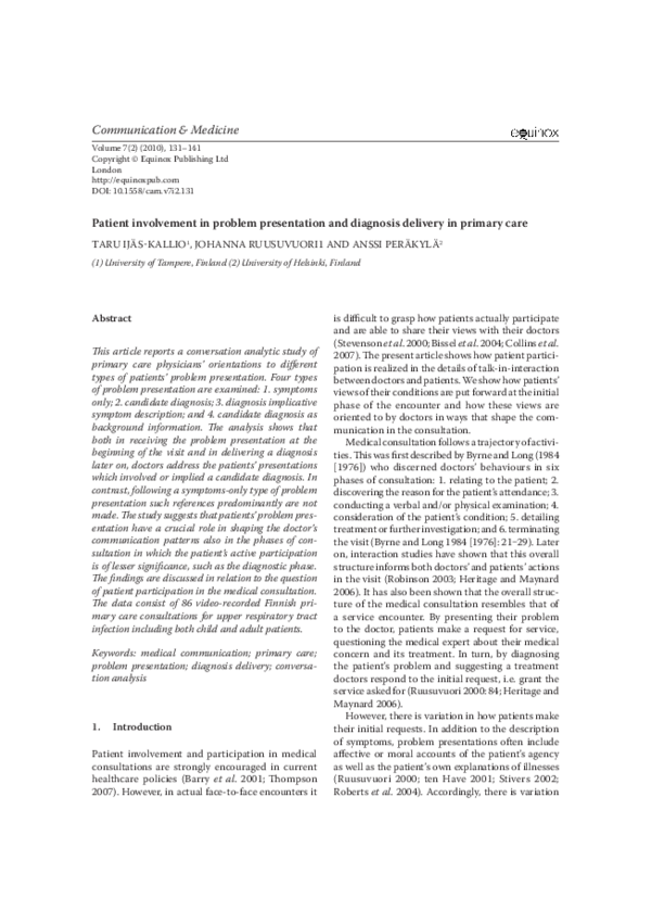 (PDF) Patient Involvement in Problem Presentation and Diagnosis ...