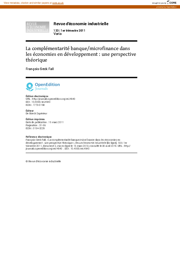 (PDF) La complémentarité banque/microfinance dans les économies en ...