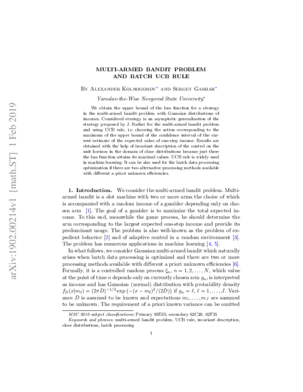 (PDF) Multi-Armed Bandit Problem and Batch UCB Rule