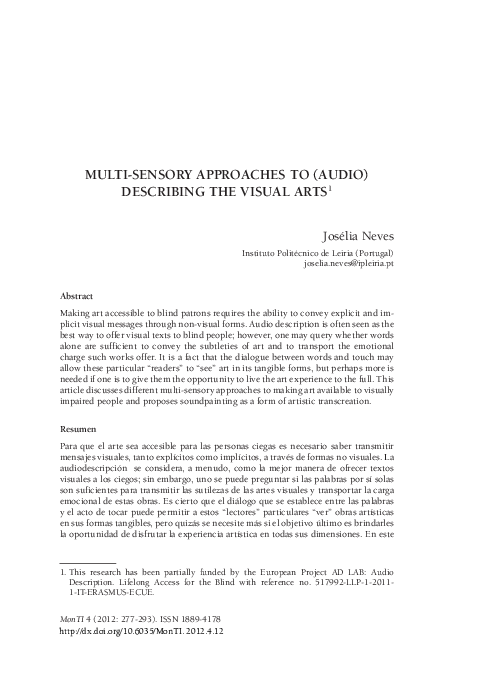 (PDF) Multi-sensory approaches to (audio) describing the visual arts