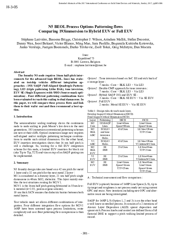 (PDF) N5 BEOL Process Options Patterning flows Comparing 193immersion ...
