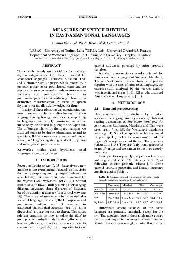 (PDF) Measures of Speech Rhythm in East-Asian Tonal Languages