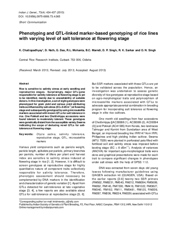 (PDF) Phenotyping and QTL-linked marker-based genotyping of rice lines ...