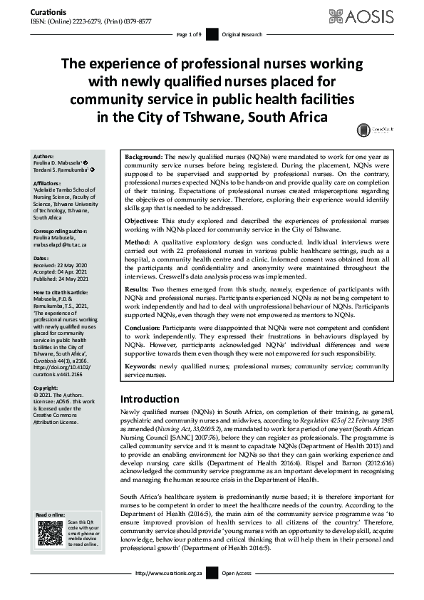 (PDF) The experience of professional nurses working with newly ...
