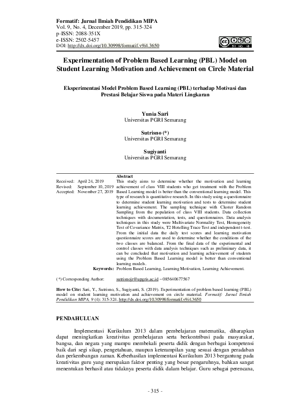 (PDF) Experimentation of Problem Based Learning (PBL) Model on Student ...