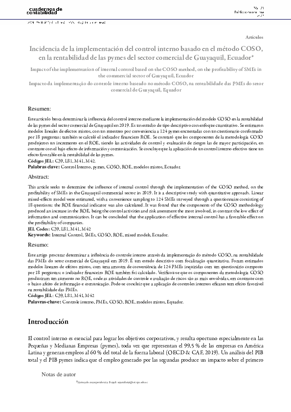 (PDF) Incidencia de la implementación del control interno basado en el ...