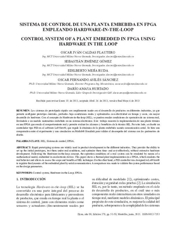 (PDF) Control System of a Plant Embedded in Fpga Using Hardware in the Loop