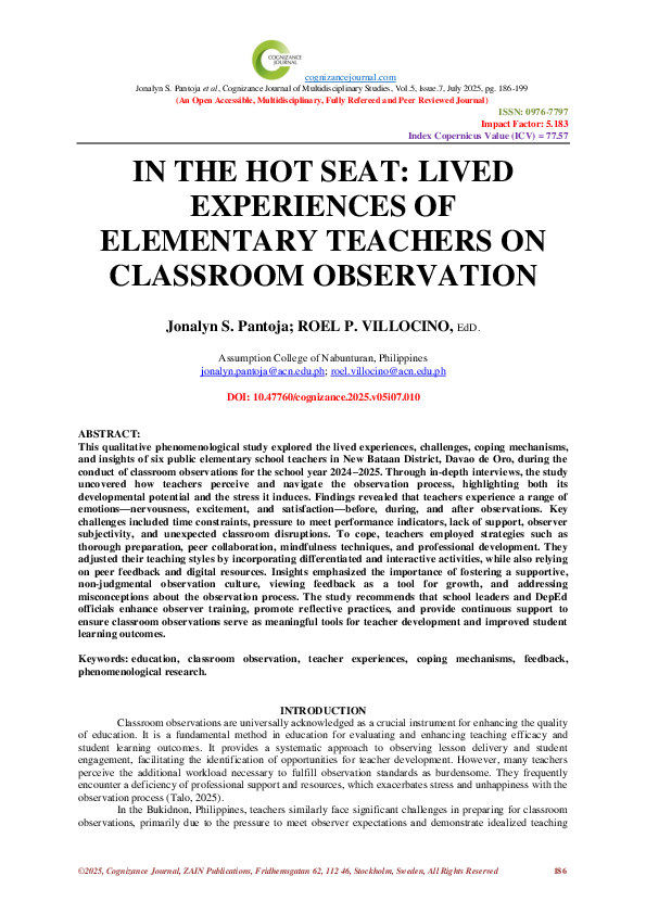 (PDF) IN THE HOT SEAT: LIVED EXPERIENCES OF ELEMENTARY TEACHERS ON ...