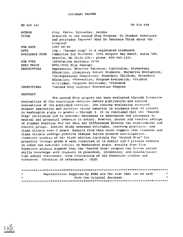 (PDF) Research on the Second Step Program: Do Student Behaviors and ...