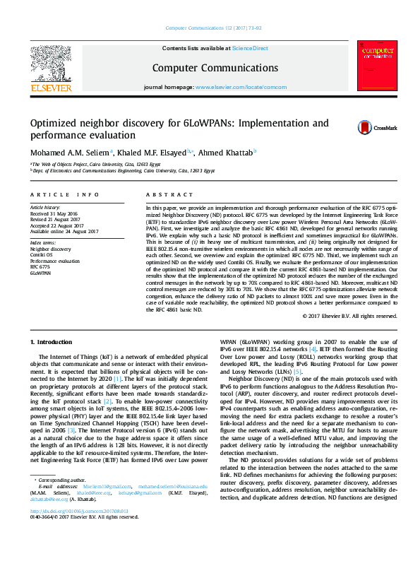 (PDF) Optimized neighbor discovery for 6LoWPANs: Implementation and ...