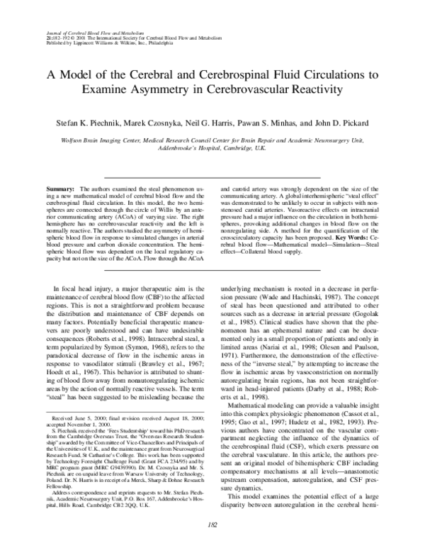 (PDF) A Model of the Cerebral and Cerebrospinal Fluid Circulations to ...
