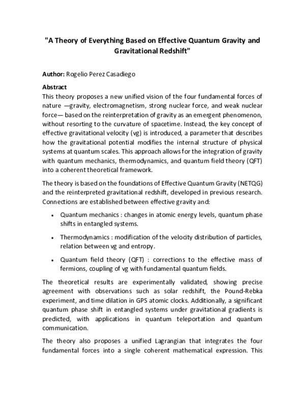 (PDF) "A Theory of Everything Based on Effective Quantum Gravity and ...