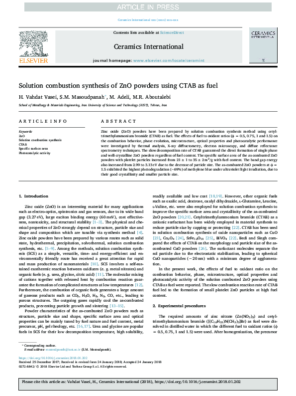 (PDF) Solution combustion synthesis of ZnO powders using CTAB as fuel