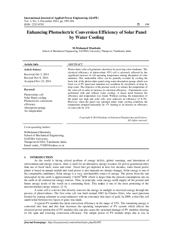 (PDF) Enhancing Photoelectric Conversion Efficiency of Solar Panel by ...