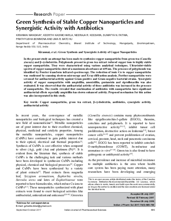 (PDF) Green Synthesis of Stable Copper Nanoparticles and Synergistic ...