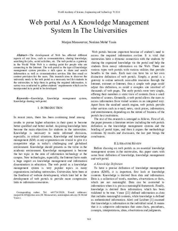 (PDF) Web Portal As A Knowledge Management System In The Universities