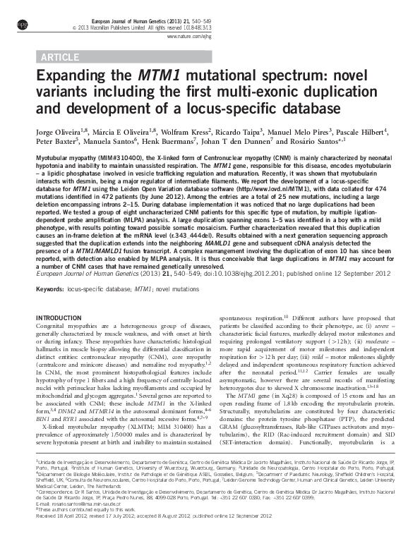 (PDF) Expanding the MTM1 mutational spectrum: novel variants including ...