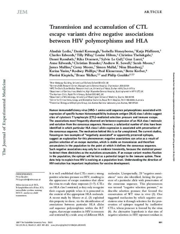 (PDF) Transmission and accumulation of CTL escape variants drive ...