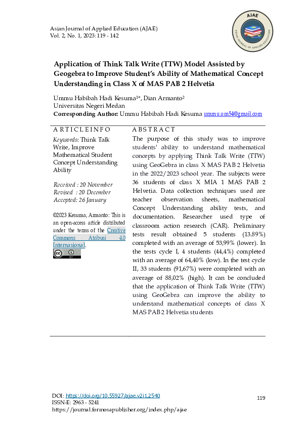 (PDF) Application Of Think Talk Write (TTW) Model Assisted By Geogebra ...