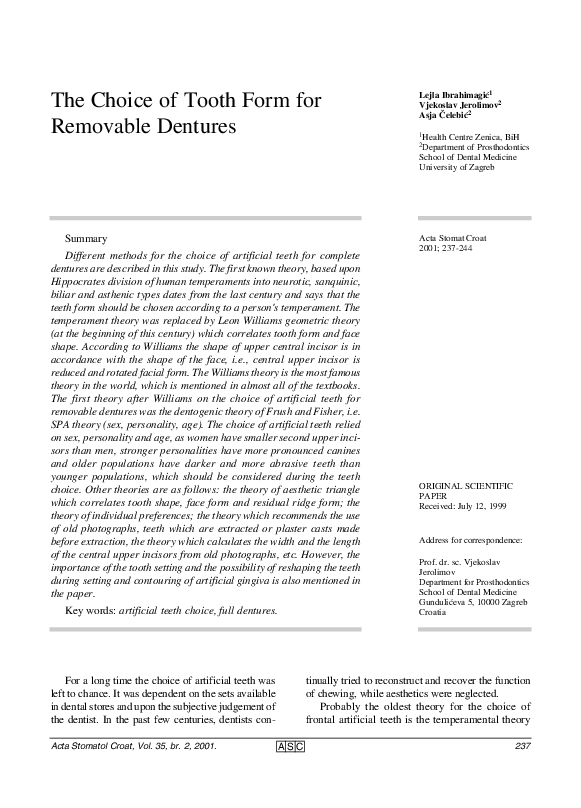 (PDF) The Choice of Tooth Form for Removable Dentures