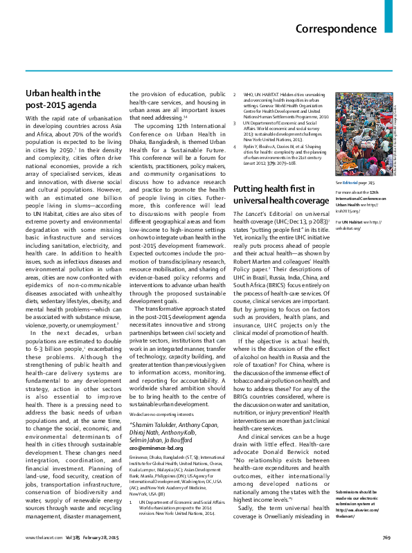 (PDF) Urban health in the post-2015 agenda