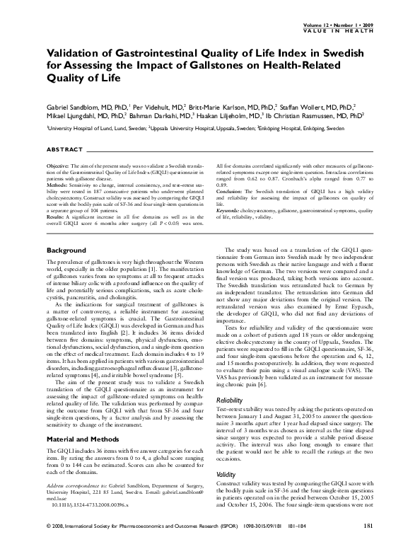(PDF) Validation of Gastrointestinal Quality of Life Index in Swedish ...