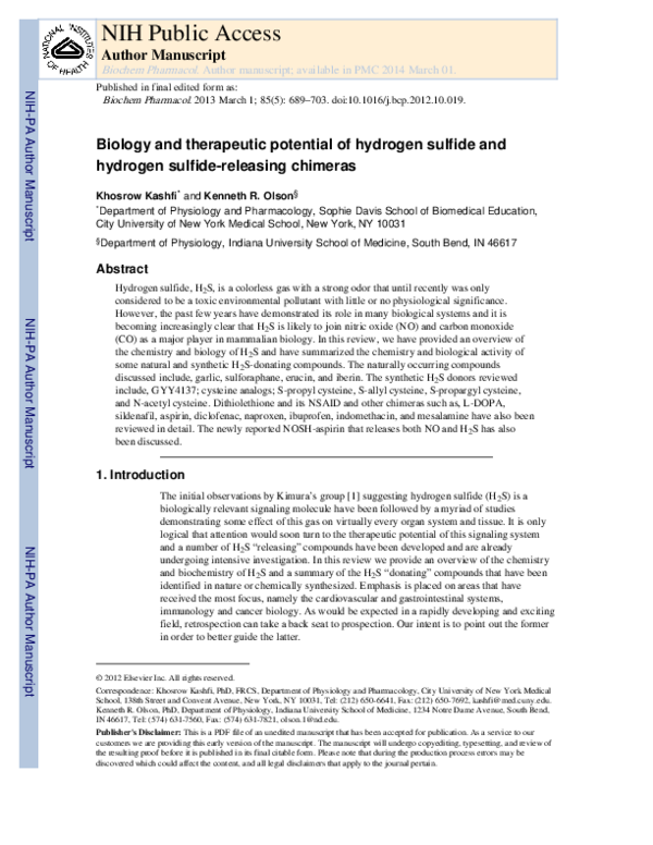 (PDF) Biology and therapeutic potential of hydrogen sulfide and ...