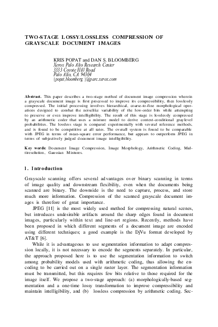 (PDF) Two-Stage Lossy/Lossless Compression of Grayscale Document Images