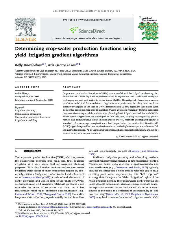 (PDF) Determining crop-water production functions using yield ...