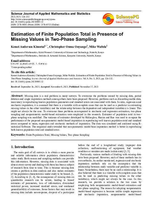 (PDF) Estimation of Finite Population Total in Presence of Missing ...