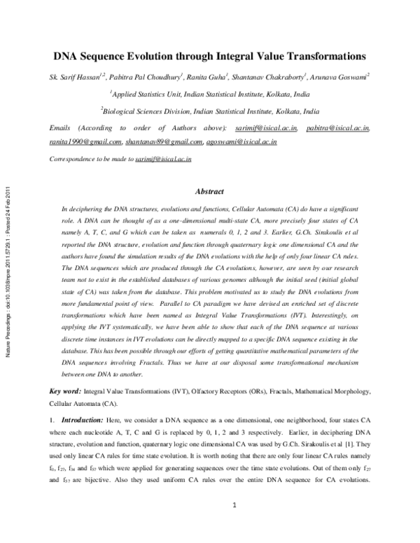 (PDF) DNA Sequence Evolution through Integral Value Transformations