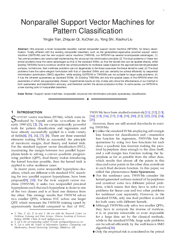 (PDF) Nonparallel Support Vector Machines for Pattern Classification